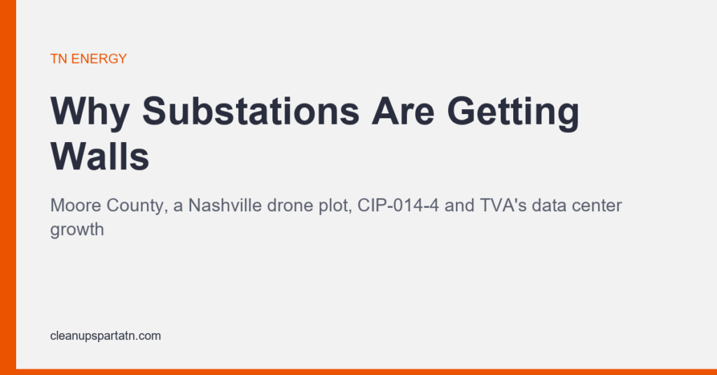 Title card reading Why Substations Are Getting Walls, covering the Moore County attack, the Nashville drone plot, CIP-014-4 and TVA data center growth